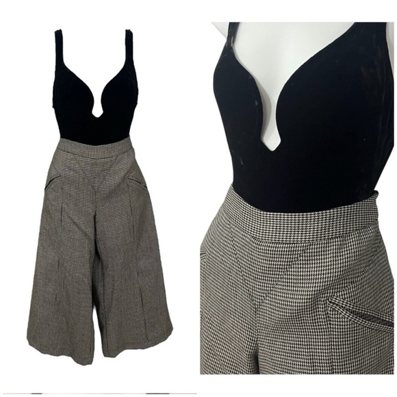 Vintage Pants - Vintage black houndstooth wide leg wool high waist trouser shorts academia retro